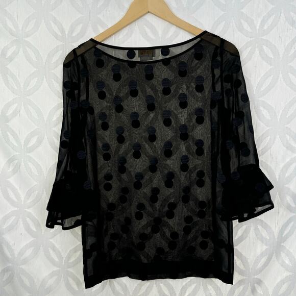 Kate Spade Silk Sheer Polka Dot Evi Flutter Sleeve Black Top Size 00 - Picture 7 of 12